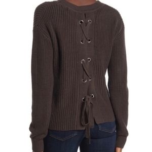 Bobeau Lace Up Back Knit Sweater Olive Green XL